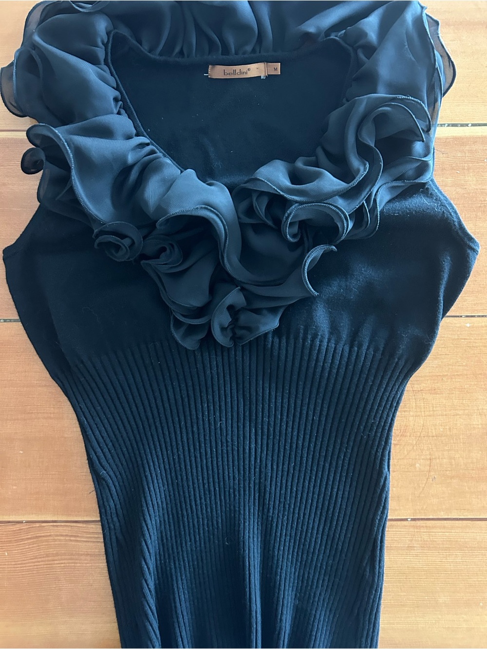 Ruffled Neck Sleeveless Knit Top - Black